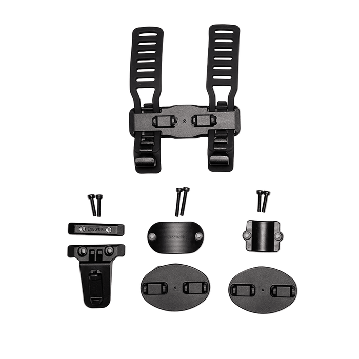 Complete accessory kit for the ADO AQS Magnetic Quick Attach system, featuring adjustable straps, multiple base plates, T-bracket, and all necessary mounting screws.
