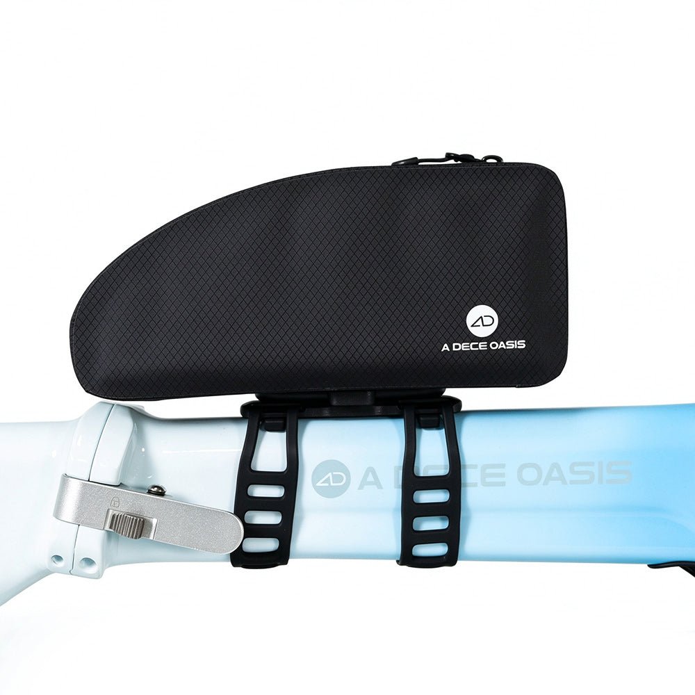 Side view of the ADO CB10 bicycle frame bag in black, showcasing its coated polyester fabric, smooth zipper, top carry handle, and the A DECE OASIS logo.