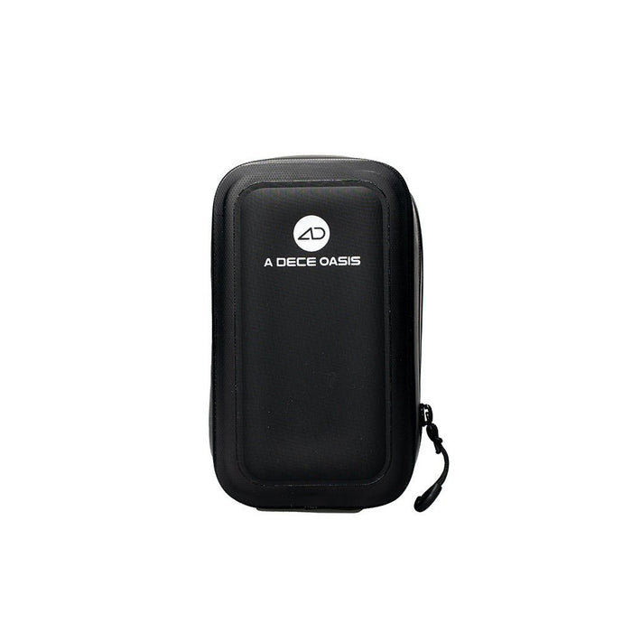 Front view of the ADO CB11 bike seat bag featuring a sleek black design, durable polyester twill exterior, and the A DECE OASIS logo.
